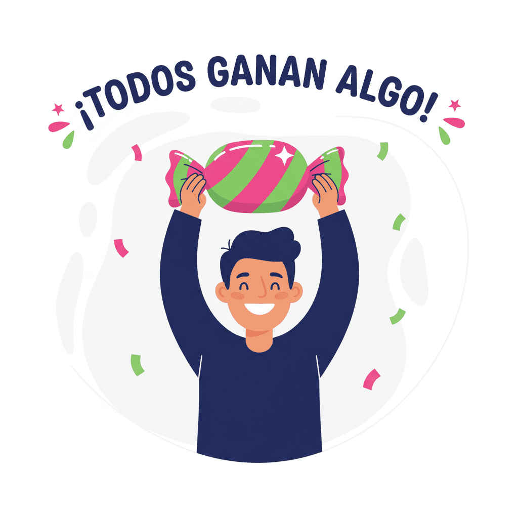 Cliente feliz celebrando con un caramelo como si hubiera ganado un tesoro