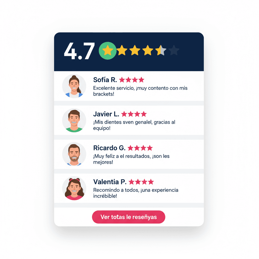 Reviews de Google con 4.7 estrellas y fotos de pacientes mostrando brackets con orgullo