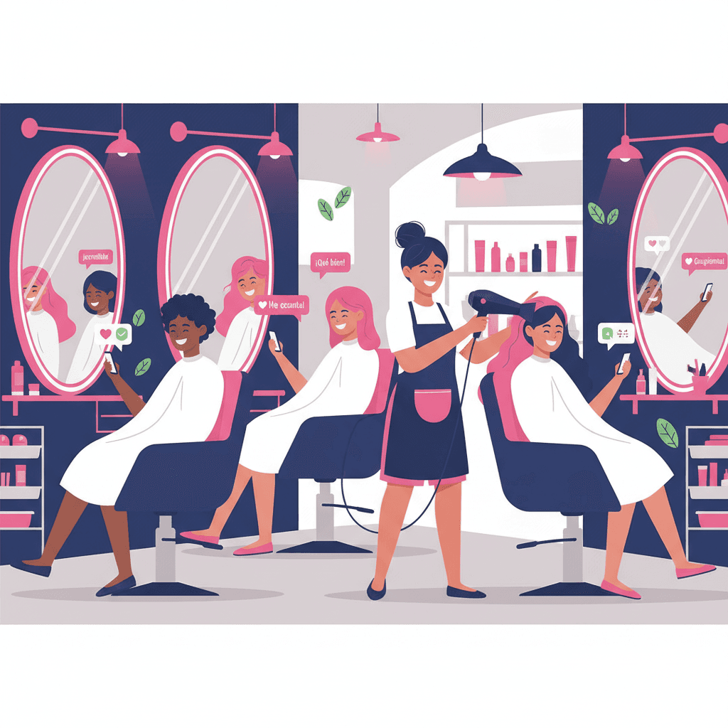 Salón de belleza con clientas felices compartiendo en Instagram