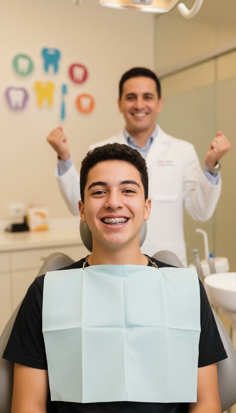 Caso 1: Persona feliz con brackets en consultorio moderno - Imagen generada con IA