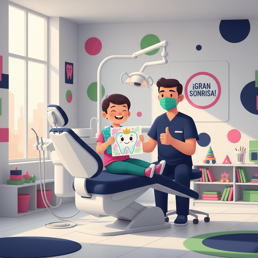 Niño feliz mostrando su dibujo en el dentista